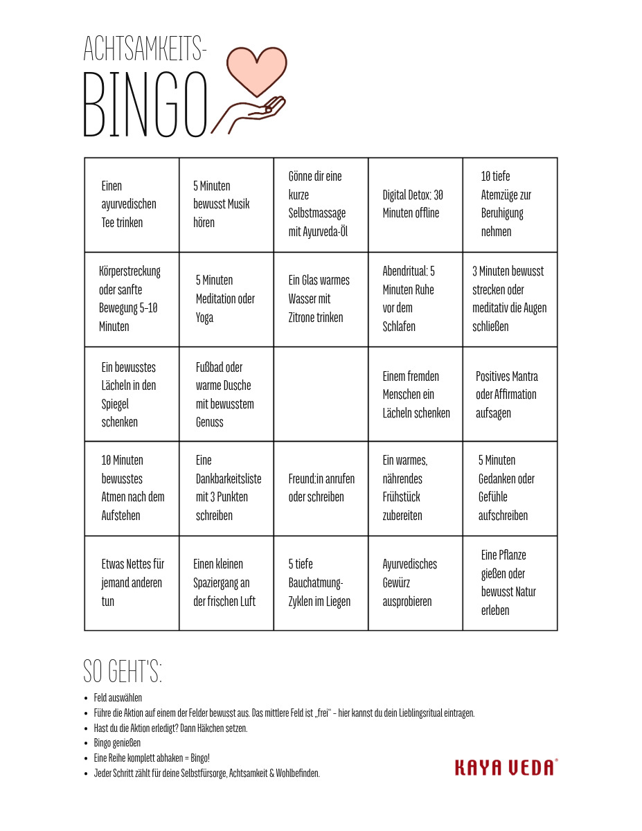 Kaya Veda Selbstfürsorge Bingo