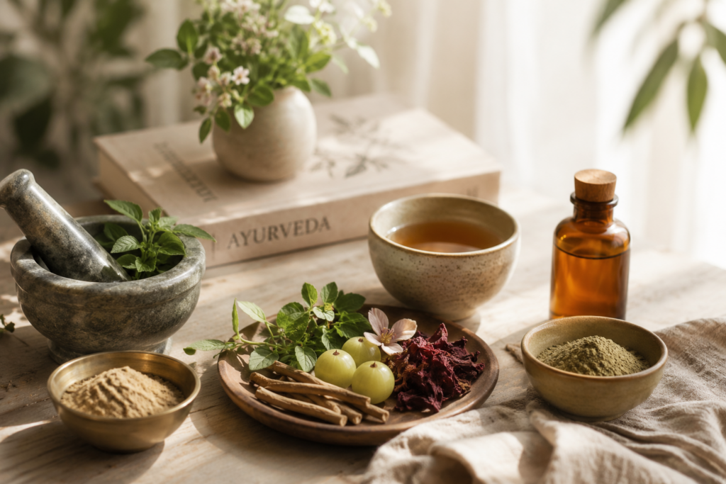 Erfahre, wie Ayurveda die Zusammenhänge zwischen Körper, Kopfhaut, Verdauung und Hormonen betrachtet.