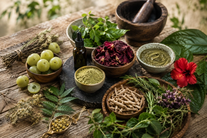 Ayurveda Kräuter bei Haarausfall Arragement
