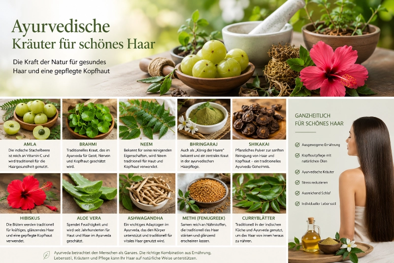 Übersicht der Ayurveda Kräuter bei Haarausfall und für a
natürlich schönes Haar