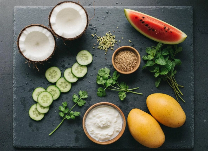 Ayurveda Superfoods für die Wechseljahre Kokos Gurke, Mango