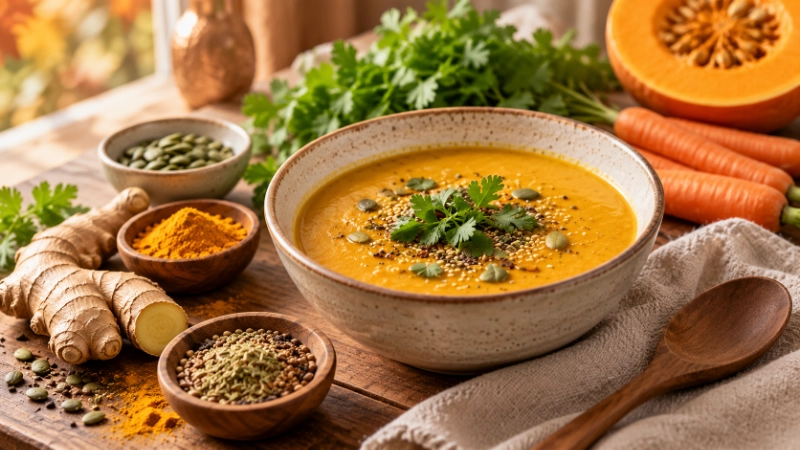 Ayurveda Detox Herbst Suppe und Gewürze