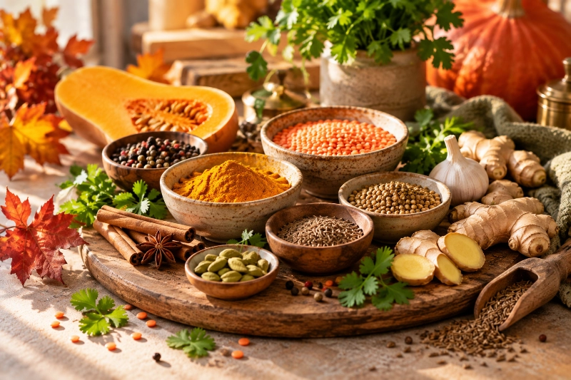Ayurveda Herbst Gewürze Ingwer Kurkuma Kreuzkümmel Zimt
